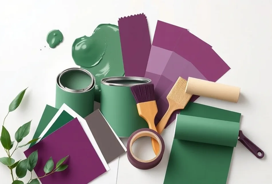 Pots de peinture, nuancier, brosses et rouleaux disposés à plat