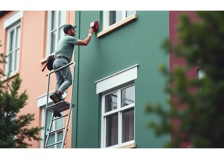 Peintre sur échafaudage traitant la façade d'une maison